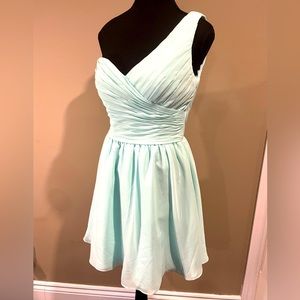 MORI LEE BY MADELINE GARDNER - light aqua / Tiffany blue mini bridesmaid dress
